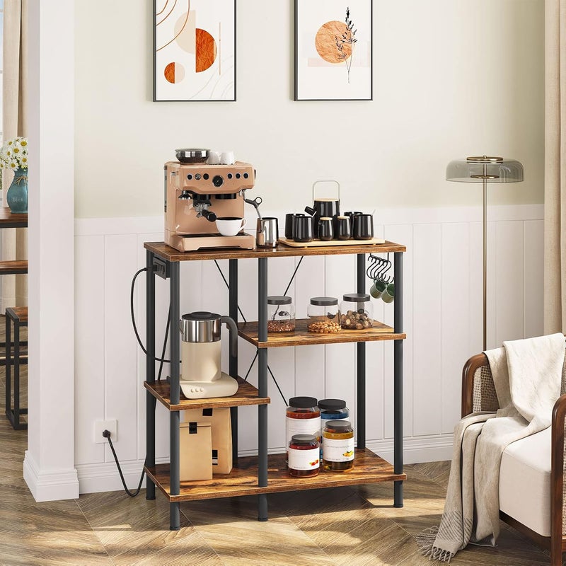 HOOBRO Bakers Rack with Power Outlet, Microwave Stand with 5 S-Shaped Hooks, Coffee Bar, Kitchen Storage Shelf, for Kitchen, Living Room, Rustic Brown and Black BF07UHB01 - Image 4